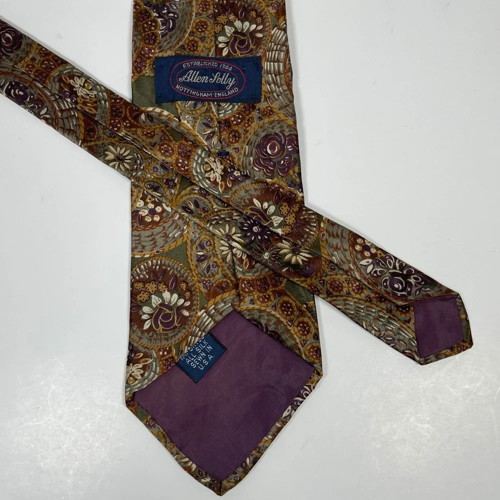 Vintage Allen Solly Silk Necktie Tie Green Purple Paisley Floral Medallion Print